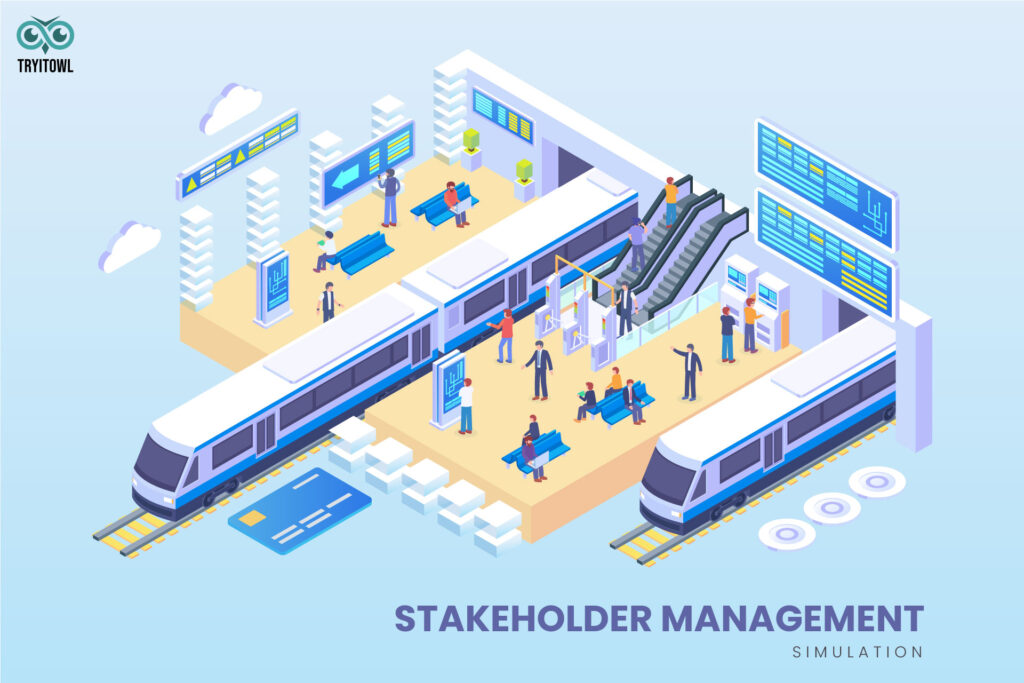 Isometric illustration of a metro station representing effective stakeholder management simulation with people navigating platforms, escalators, and decision points.